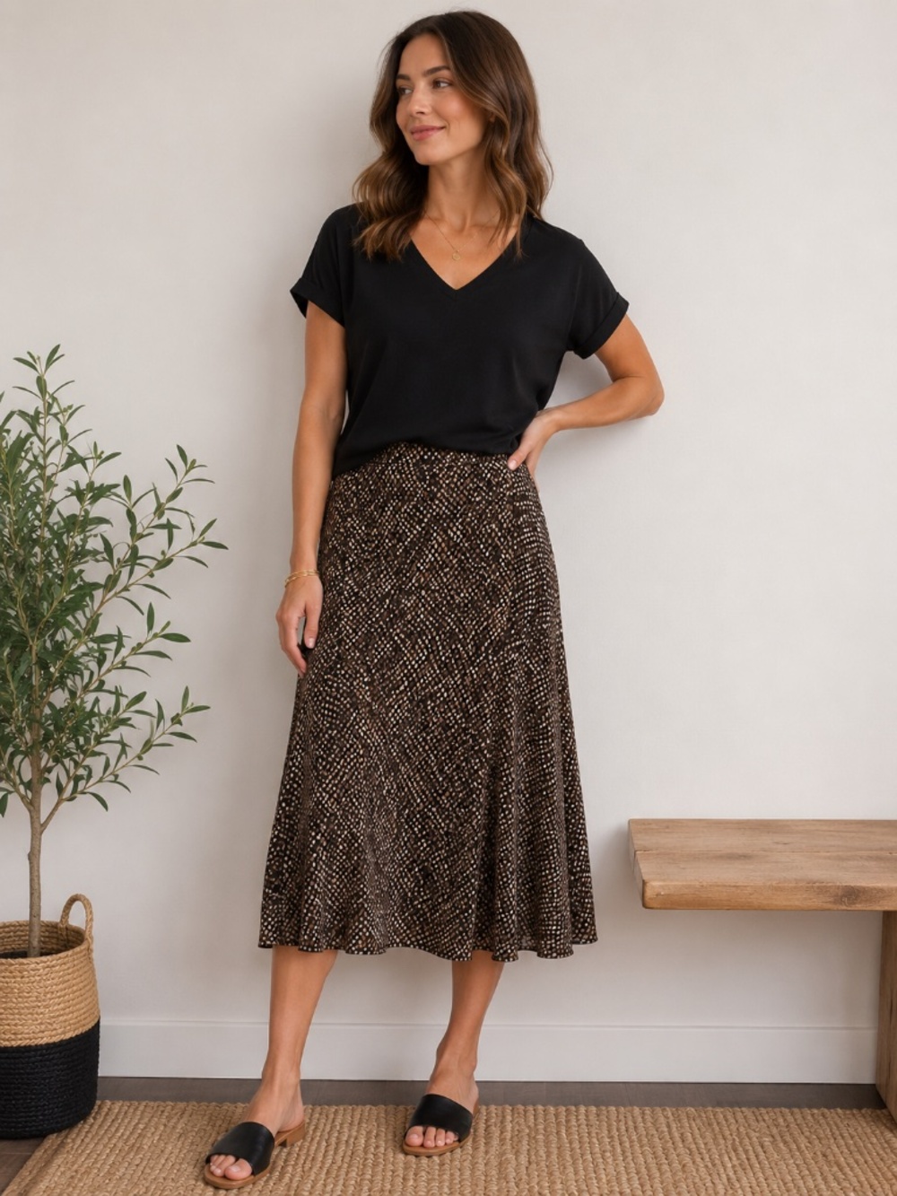 DressBarn Brown Black Cream Yoga Waistband Jersey Pull On Midi Skirt Medium